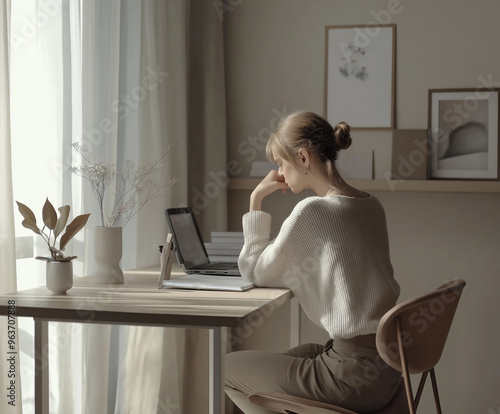 Woman Working at Desk with Laptop in Room