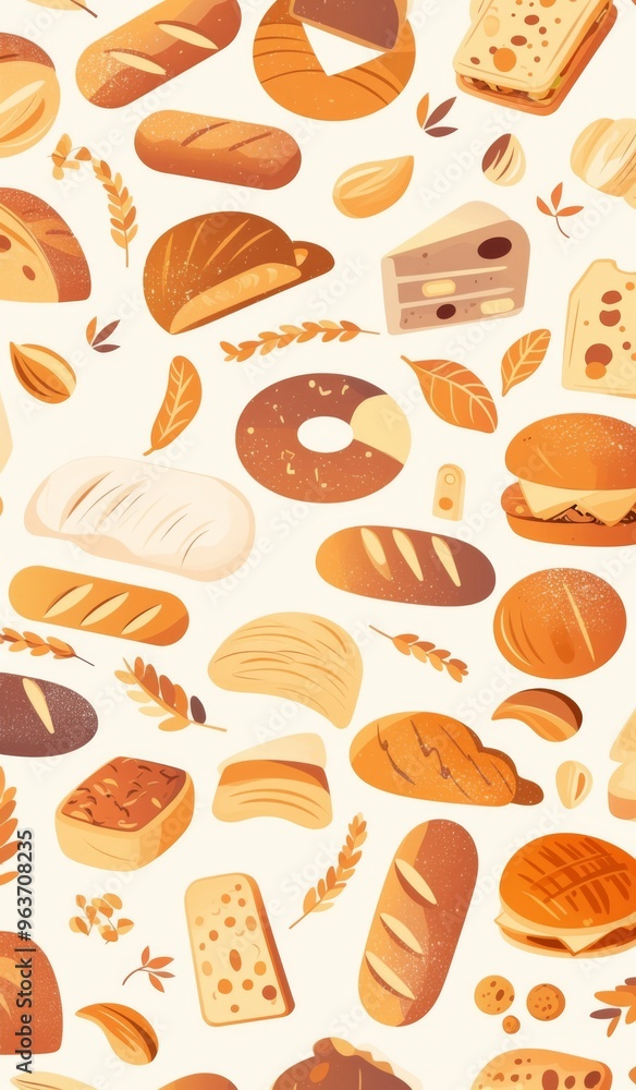 Pattern of Breads, Baguettes, and Pastries on White Background with Copy Space for Text Pattern of Breads, Baguettes, and Pastries on White Background with Copy Space for Text