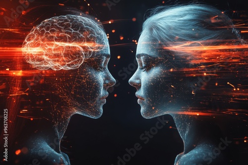 Mind efficiency Brain based communication Futuristic couple with brains exposed exchanging electric energy symbolizing mental connection communication and love in a tech driven world photo