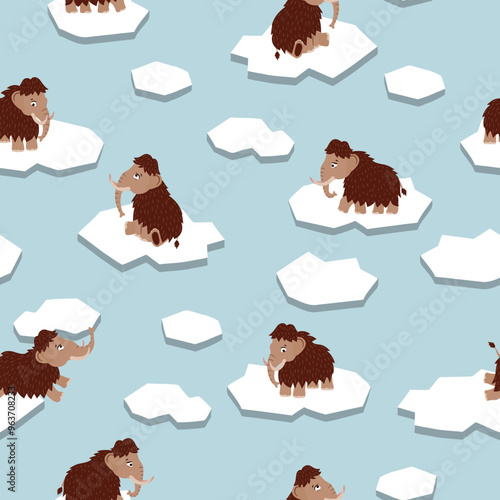 Cute mammoth on ice floe seamless pattern. Vector childish illustration