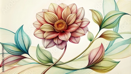 A whimsical botanical illustration of a blooming flower, with delicate hatching lines that curve and twist in organic directions.