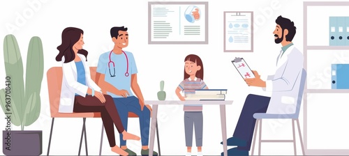 Family Medical Consultation in Private Room with Doctor Explaining Diagnosis Using Visual Aids