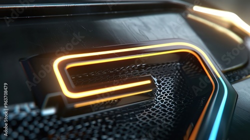 Sleek E emblem featuring a glowing neon outline and metallic finish