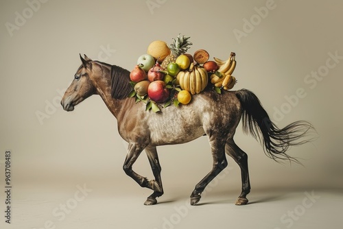 A beautiful chestnut horse calmly poses with a colorful arrangement of fruits balanced on its back against a rustic brown backdrop photo