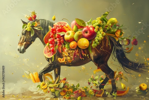 A beautiful chestnut horse calmly poses with a colorful arrangement of fruits balanced on its back against a rustic brown backdrop photo