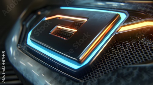 Sleek E emblem featuring a glowing neon outline and metallic finish