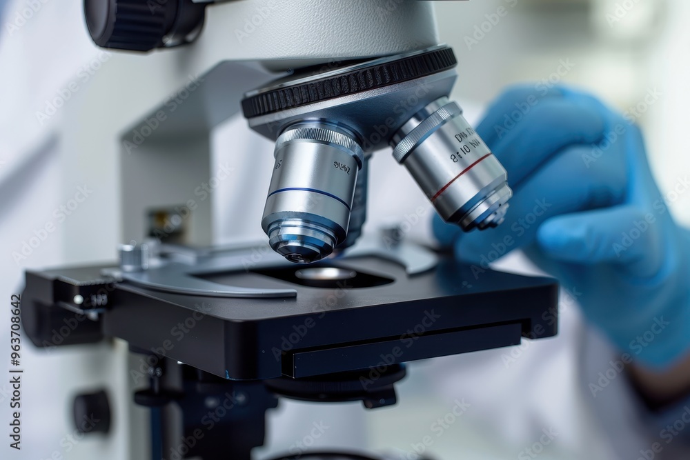 A scientist examining a specimen slide under a microscope in a modern laboratory during a research project A scientist examining a specimen slide under a microscope in a modern laboratory during a research project