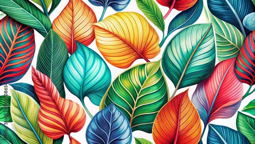 A whimsical illustration of oversized leaves in vibrant hues, arranged in a playful, swirling pattern, set against a crisp white background, with bold lines and playful shading. A whimsical illustration of oversized leaves in vibrant hues, arranged in a playful, swirling pattern, set against a crisp white background, with bold lines and playful shading.