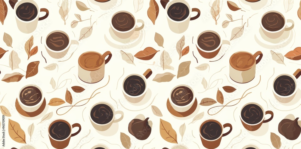 Seamless Pattern of Coffee Cups in Line Art Style with Brown Lines on White Background Seamless Pattern of Coffee Cups in Line Art Style with Brown Lines on White Background