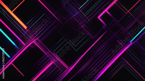 A vibrant abstract design featuring intersecting lines in neon colors on a dark background.