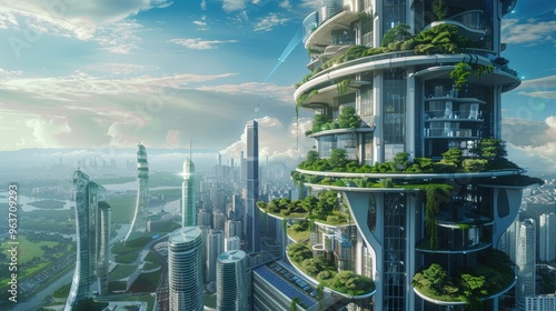 Futuristic Residential Skyscraper with Solar Panels in Modern Green Cityscape