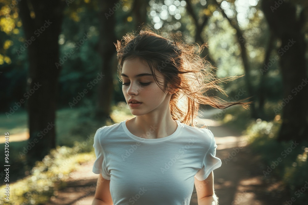 Teenage girl running through a sunlit forest path in the afternoon Teenage girl running through a sunlit forest path in the afternoon