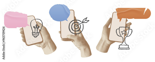Collection of hand with a smartphone, speech bubble and hand drawn charcoal business shapes. Concept of marketing, success, idea. Empty space. Contemporary halftone cutout collage in a pop art style.
