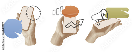 Collection of hand with a smartphone, speech bubble and hand drawn charcoal business shapes. Concept of marketing, success, idea. Empty space. Contemporary halftone cutout collage in a pop art style.