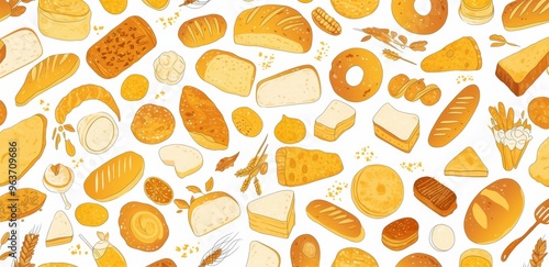 Seamless Pattern of Line Art Doodles Featuring Breads, Pastries, and Bakery Products 