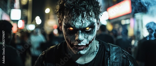 Glowing Fangs and Tattoos Illuminating the Eerie Atmosphere of a Sinister Vampire Stalking the Neon-Drenched Streets of the City on a Foreboding Halloween Night