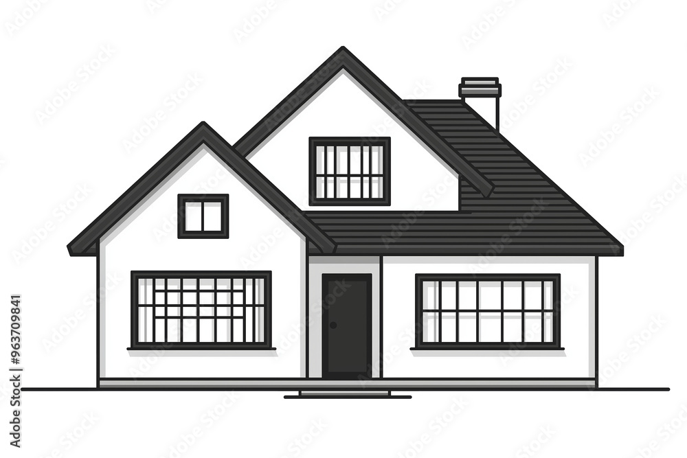 Simple black-and-white line art of a two-story residential house with a garage, front porch, and large windows.isolated on white background. Simple black-and-white line art of a two-story residential house with a garage, front porch, and large windows.isolated on white background.