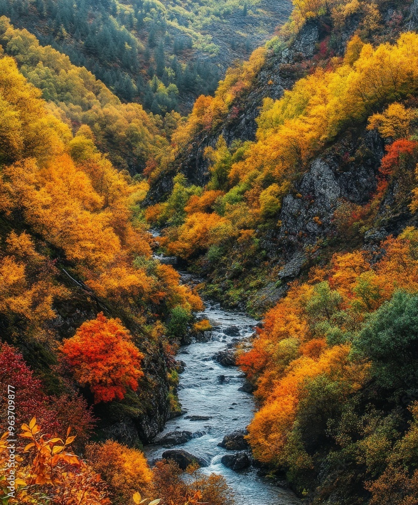 Vibrant autumn foliage along a serene river in the mountain valley Vibrant autumn foliage along a serene river in the mountain valley
