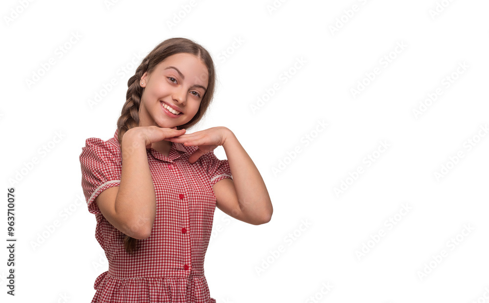 Portrait of retro teen girl isolated on white. Teen girl looking at camera. Retro style. Stylish girl has braided hair. Teen fashion style. Style for girl. Beauty and retro fashion. Copy space banner Portrait of retro teen girl isolated on white. Teen girl looking at camera. Retro style. Stylish girl has braided hair. Teen fashion style. Style for girl. Beauty and retro fashion. Copy space banner