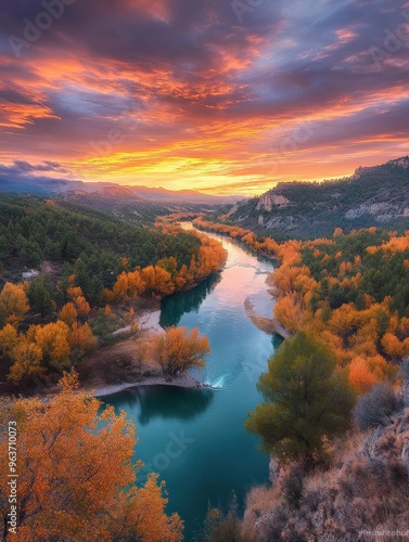 Stunning autumn sunset over a winding river in the mountains