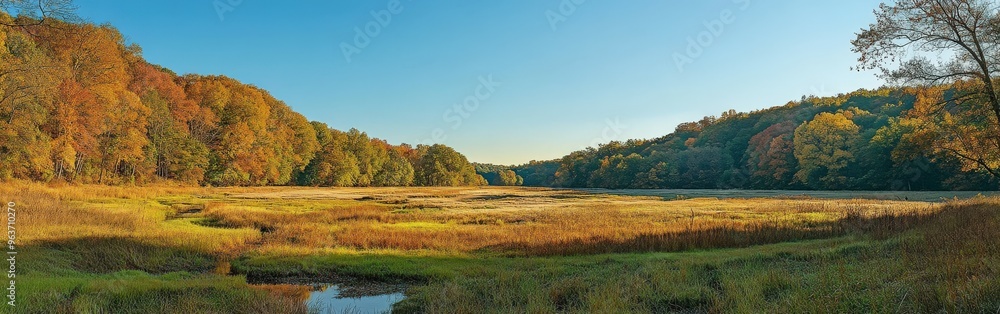 Autumn landscape with vibrant foliage near a tranquil wetland at sunrise Autumn landscape with vibrant foliage near a tranquil wetland at sunrise