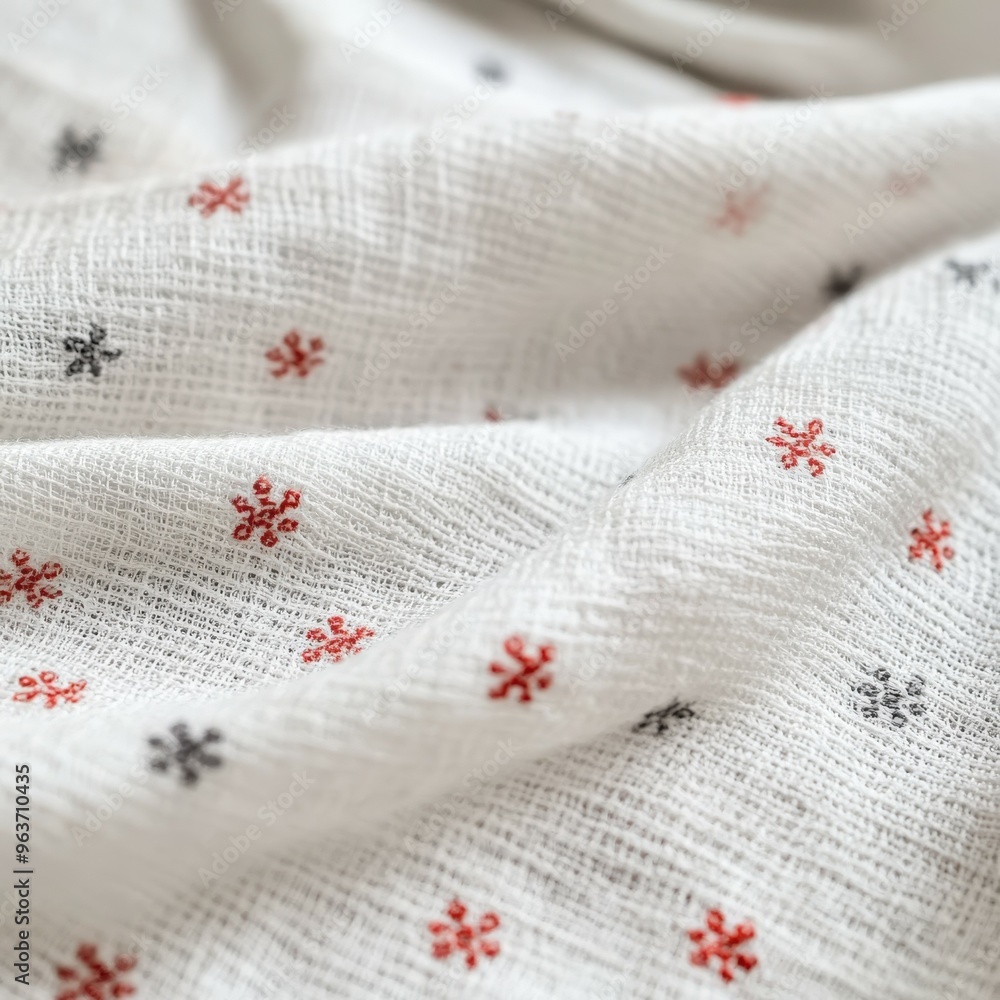 Detailed embroidered fabric with red and black designs on a white backdrop Detailed embroidered fabric with red and black designs on a white backdrop