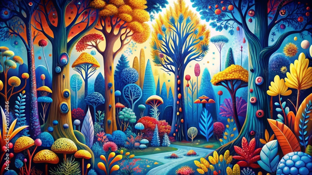 Whimsical, high-contrast illustration of a fantastical forest, featuring trees, creatures, and flowers in blue, yellow, and red, demonstrating the vibrancy and harmony of triadic colors. Whimsical, high-contrast illustration of a fantastical forest, featuring trees, creatures, and flowers in blue, yellow, and red, demonstrating the vibrancy and harmony of triadic colors.