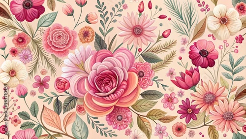 Intricate florals in various shades of pink, from blush to fuchsia, arranged in a whimsical, hand-drawn design on a pale peach background.