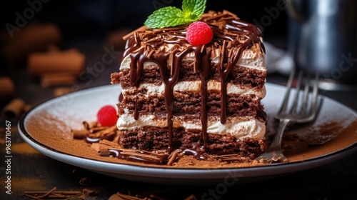 a delicious chocolate coffee cake topped with fresh berries and mint leaves photo