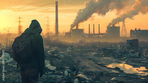 Overwhelmed by industrial pollution, a woman stands alone, contemplating the future with despair and frustration.