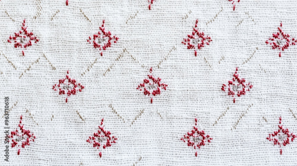 Detailed embroidery pattern with red accents on white textile fabric Detailed embroidery pattern with red accents on white textile fabric