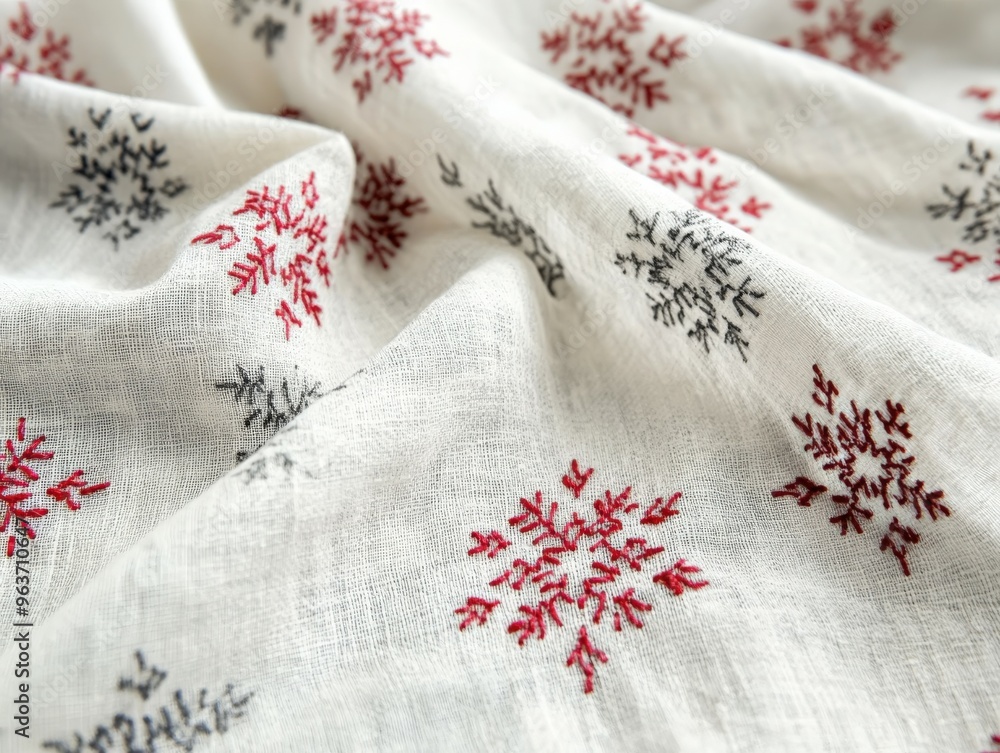 Embroidered fabric with snowflake patterns in red and black colors Embroidered fabric with snowflake patterns in red and black colors