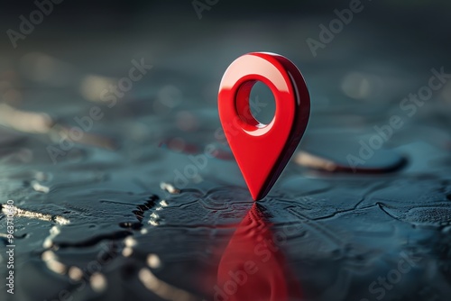 A bright red location pin stands out against a textured map background, representing navigation and travel in a modern digital world