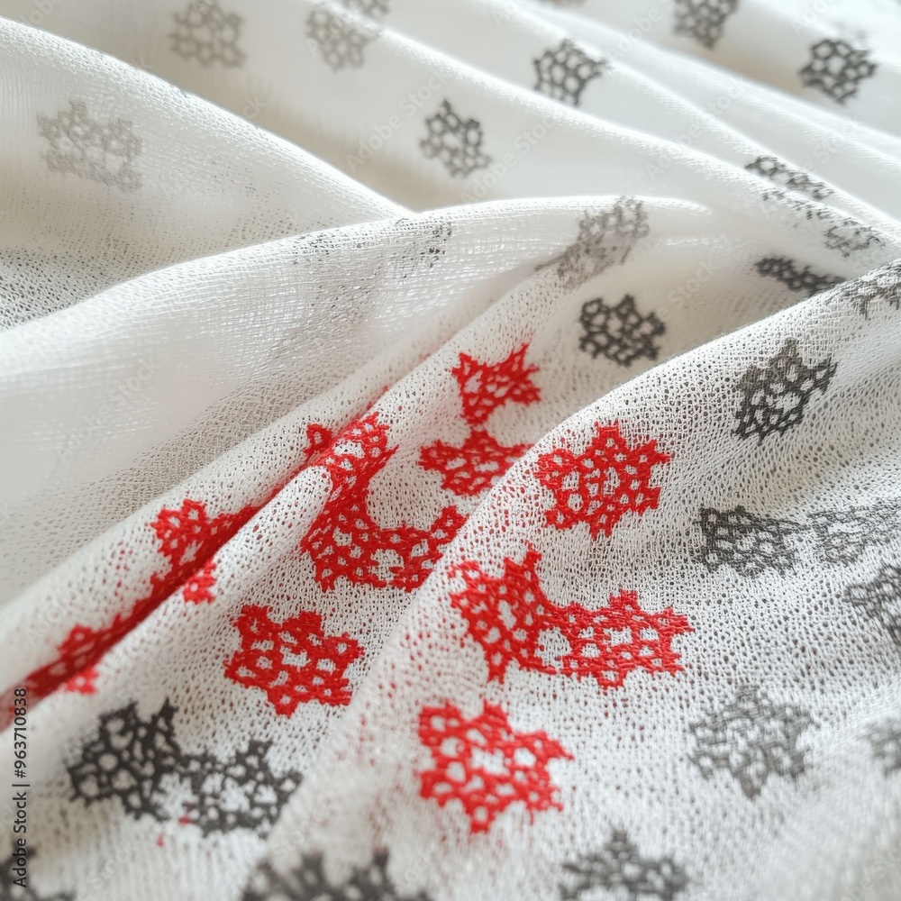 Delicate white fabric adorned with red and gray floral patterns Delicate white fabric adorned with red and gray floral patterns