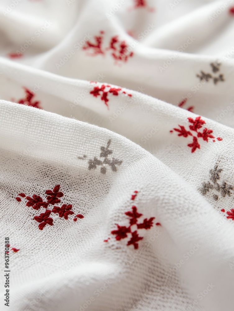 Delicate white fabric with red and gray snowflake embroidery details Delicate white fabric with red and gray snowflake embroidery details
