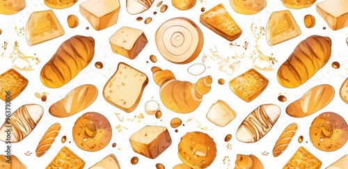 Seamless Pattern of Line Art Doodles Featuring Breads, Pastries, and Buns in Earthy Tones on White Background