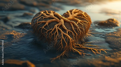 Golden Roots Embrace Heart Shaped Rock photo