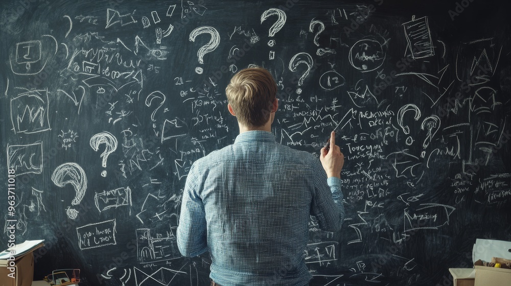 A man stands thoughtfully before a large chalkboard that is completely filled with an array of question marks and various scribbles, intensely brainstorming and strategizing for his business plan A man stands thoughtfully before a large chalkboard that is completely filled with an array of question marks and various scribbles, intensely brainstorming and strategizing for his business plan