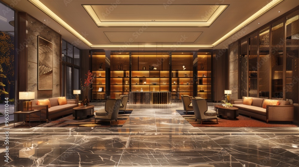Luxurious Hotel Lobby with Modern Design and Elegant Lighting for a Warm, Inviting Atmosphere Luxurious Hotel Lobby with Modern Design and Elegant Lighting for a Warm, Inviting Atmosphere