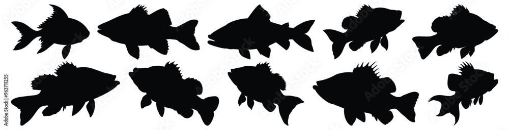 Fototapeta premium Fish silhouettes set, aquatic pack of vector silhouette design, isolated background
