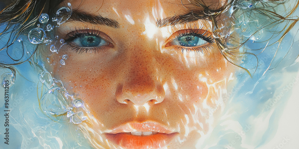A woman with blue eyes and freckles looks up from the water. A woman with blue eyes and freckles looks up from the water.
