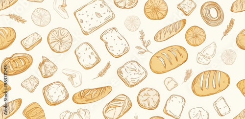 Seamless Pattern of Line Art Doodles Featuring Breads, Pastries, and Buns in Earthy Tones on White Background