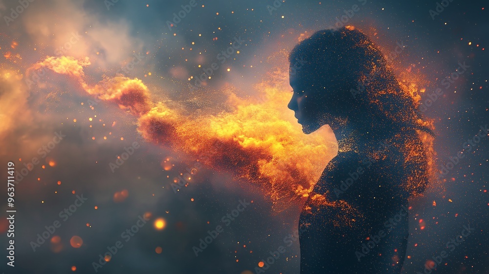 Woman Silhouette with Fiery Energy Stream Woman Silhouette with Fiery Energy Stream