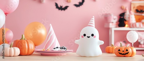 Themed Halloween Party Scene with Adorable Ghost and Pumpkin Props Cozy and Festive AutumnHoliday Concept with Copy Space for Text. photo