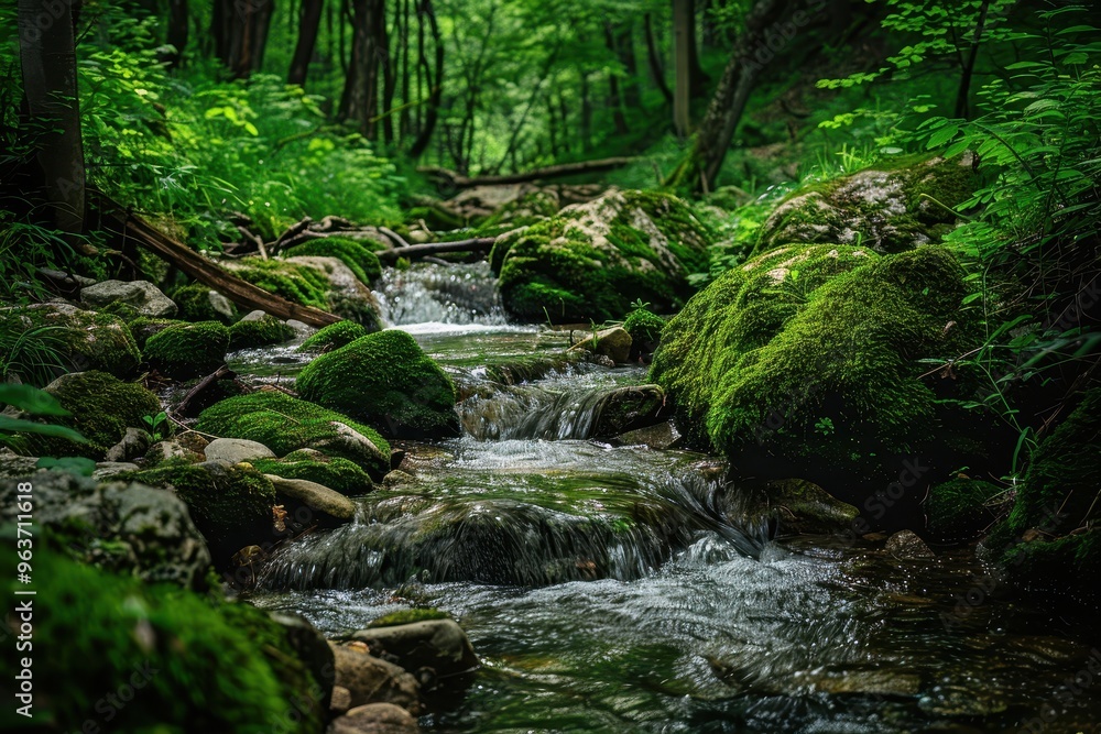 A serene forest stream with moss-covered rocks flowing through lush greenery in a tranquil woodland setting during the daytime A serene forest stream with moss-covered rocks flowing through lush greenery in a tranquil woodland setting during the daytime