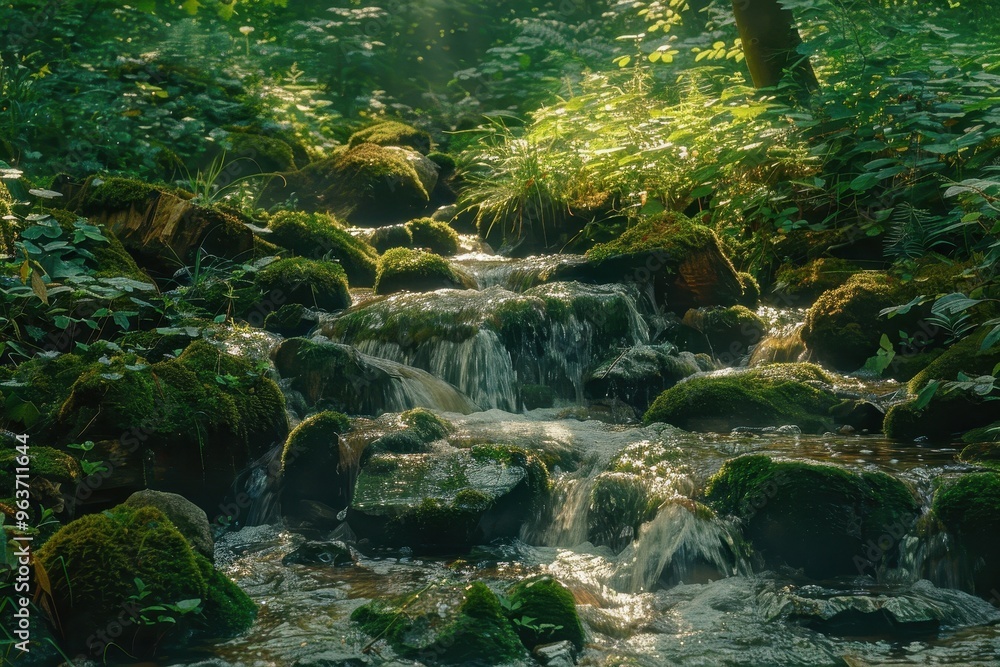 A serene forest stream with moss-covered rocks flowing through lush greenery in a tranquil woodland setting during the daytime A serene forest stream with moss-covered rocks flowing through lush greenery in a tranquil woodland setting during the daytime