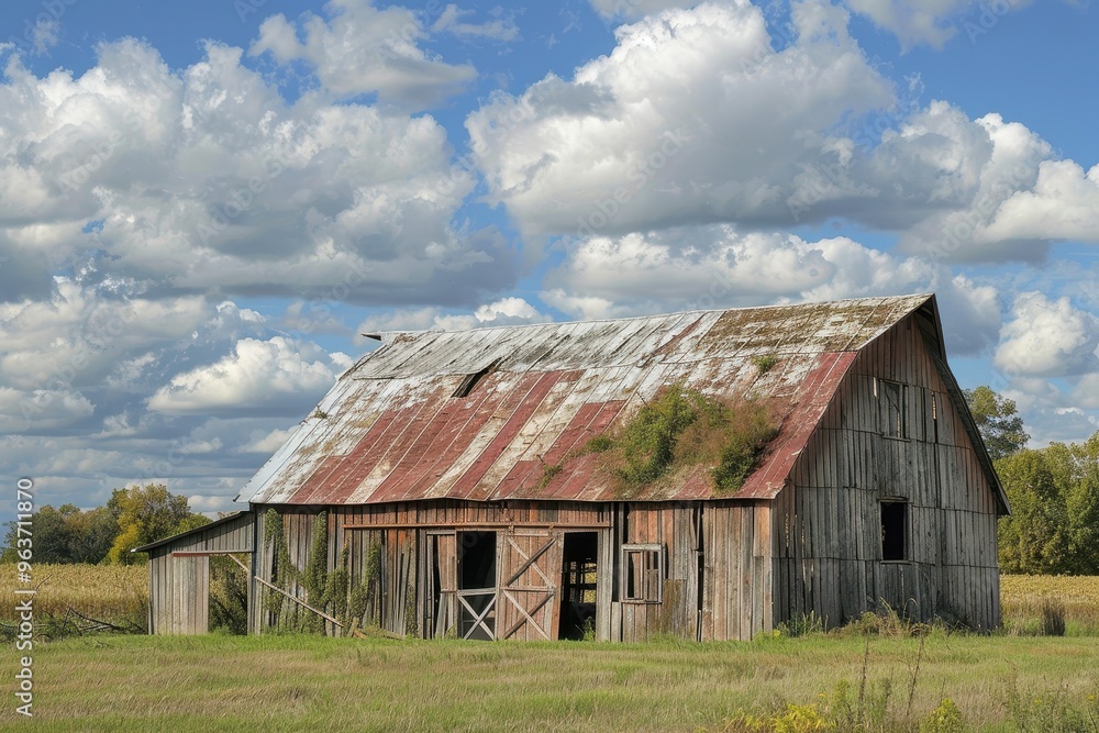Weathered barn under a clear blue sky with scattered clouds showcases rustic charm in a peaceful rural landscape on a sunny day Weathered barn under a clear blue sky with scattered clouds showcases rustic charm in a peaceful rural landscape on a sunny day