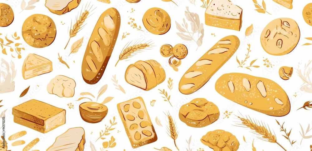 Seamless Pattern of Line Art Doodles Featuring Breads, Pastries, and Buns in Earthy Tones on White Background Seamless Pattern of Line Art Doodles Featuring Breads, Pastries, and Buns in Earthy Tones on White Background