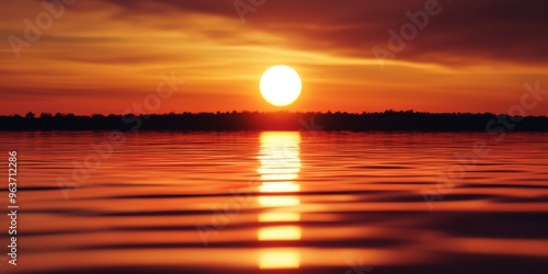 Vibrant Fiery Sunset with Glowing Orange Sun Over Tranquil Ocean Waters