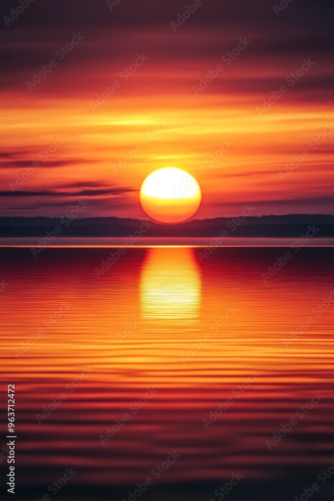 Golden sun setting over tranquil waters with rich reflections of red and orange hues Golden sun setting over tranquil waters with rich reflections of red and orange hues